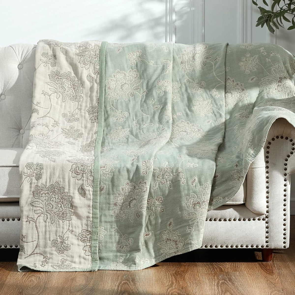 jinchan Boho 100% Cotton Muslin Queen Size 80x90 Inches Blanket Lightweight 4-Layer Quilted Soft