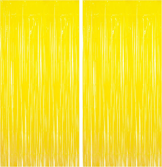 BRAVESHINE Foil Fringe Curtain Backdrop - 2 Pack Yellow Tinsel Photo Booth Backdrop Party Streamers