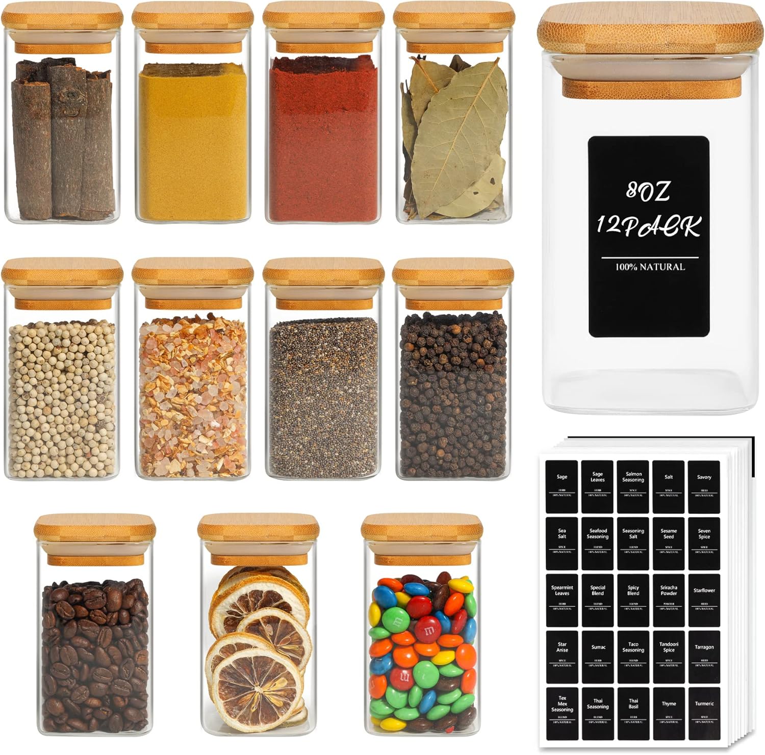 ComSaf 12Pcs Glass Spice Jars with Bamboo Lid, 8oz Airtight Square Containers with 275 Black