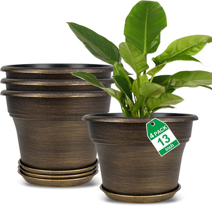 Plant Planters Pots Set of 4 Pack 13 Inch，Large Plastic Flower Pot for Indoor Plants with Drainage