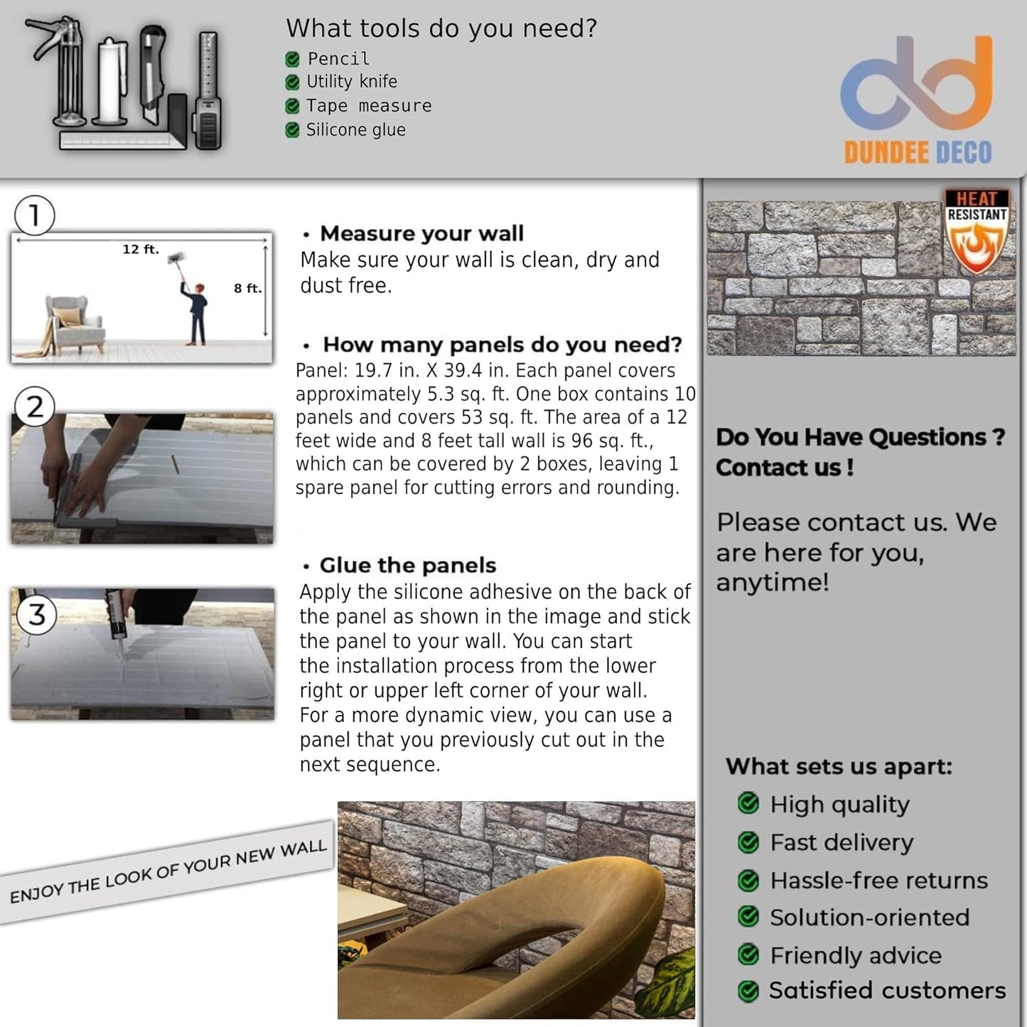 Dundee Deco 3D Wall Panels Faux Brick - Cladding Grey Stone Look Wall Paneling, Styrofoam, Sample