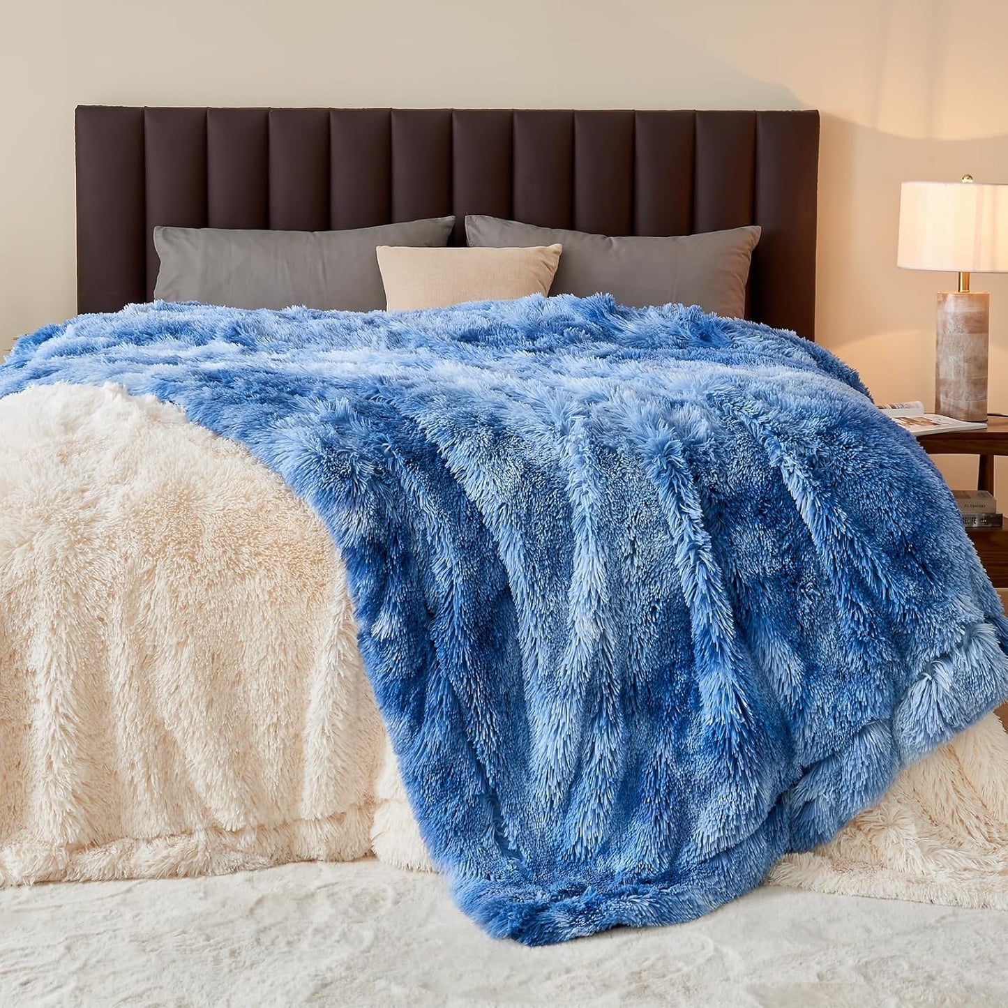 GONAAP Fuzzy Faux Fur Throw Blanket Indigo Super Soft Cozy Plush Fuzzy Shaggy Blanket for Couch