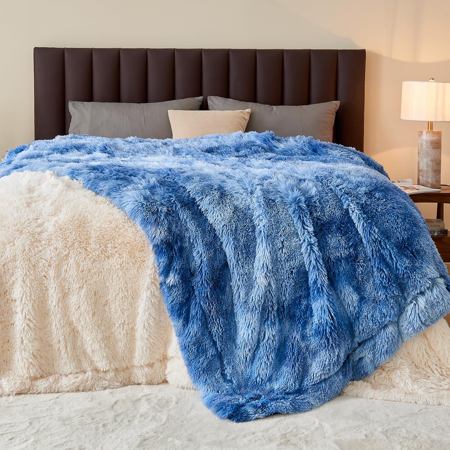 GONAAP Fuzzy Faux Fur Throw Blanket Twin Size Indigo Super Soft Cozy Plush Fuzzy Shaggy Blanket for