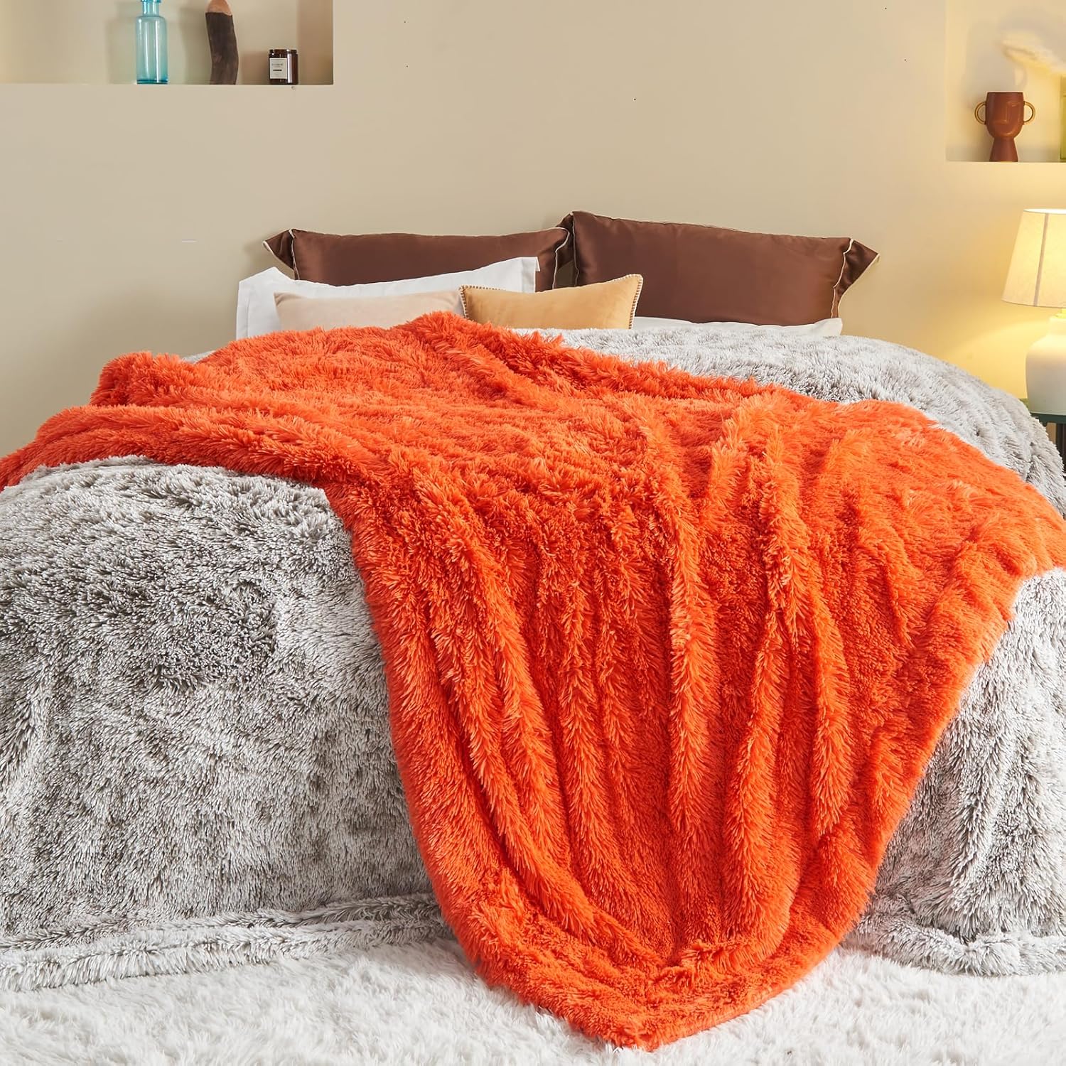 GONAAP Fuzzy Faux Fur Throw Blanket Queen Size Orange Super Soft Cozy Plush Fuzzy Shaggy Blanket