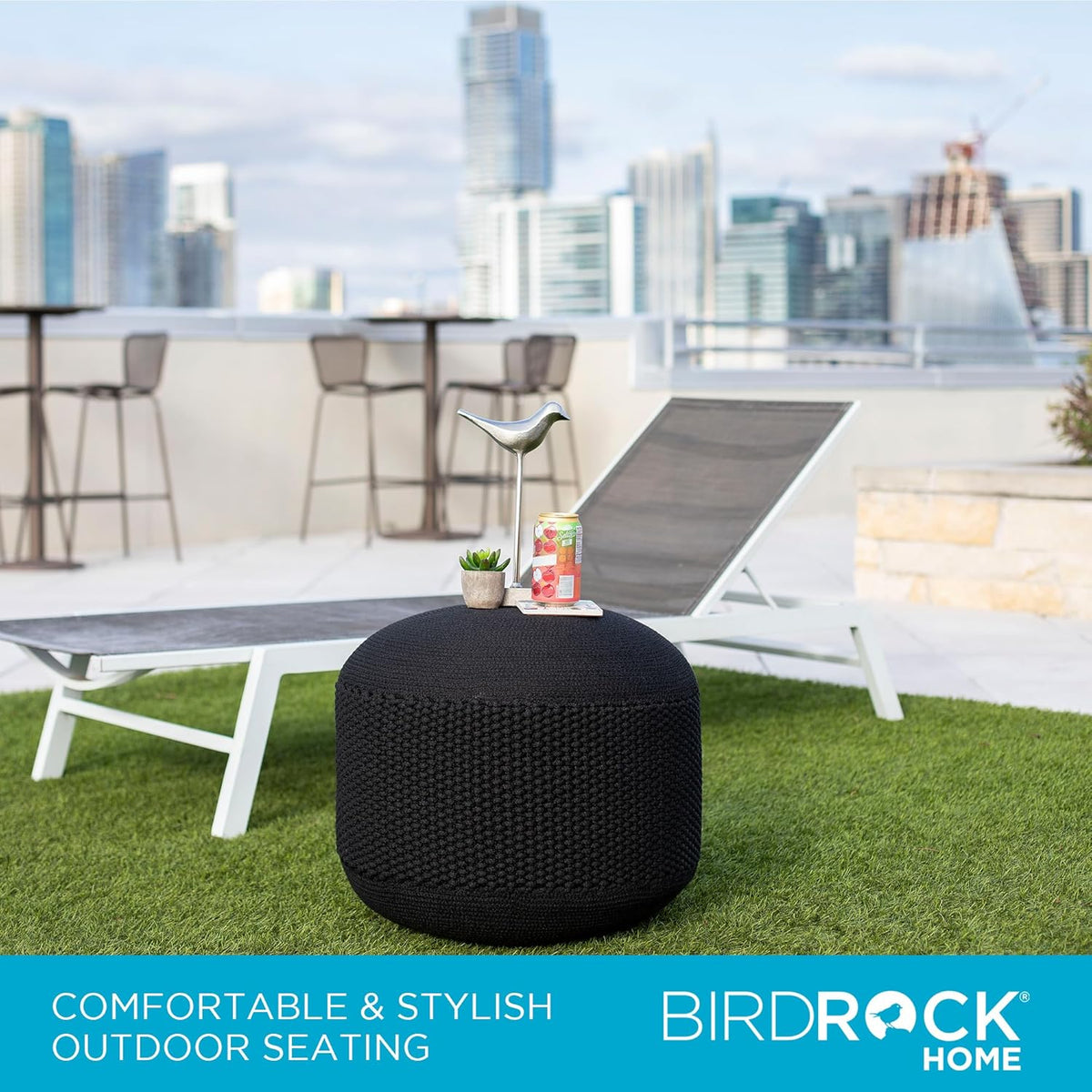 BIRDROCK HOME Outdoor Pouf Ottoman | Hand Woven Waterproof Foot Stool with Bead Bag Filling | Boho