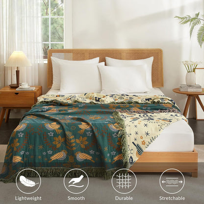 Boho Throw Blanket for Couch Sofa Bed, 100% Cotton Woven Quilt with Tassel 60”x80”, Super Soft