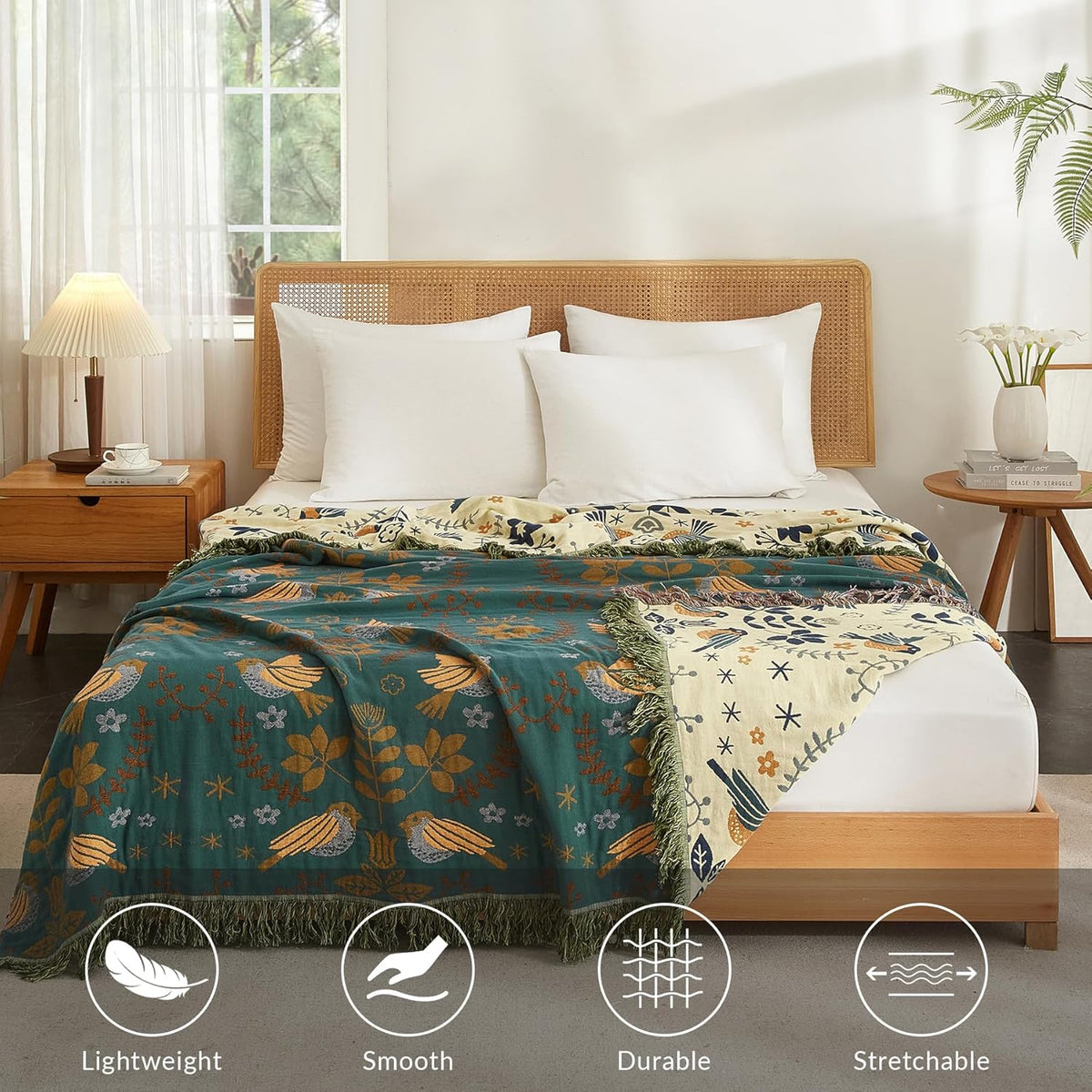 Boho Throw Blanket for Couch Sofa Bed, 100% Cotton Woven Quilt with Tassel 90”x98”, Super Soft