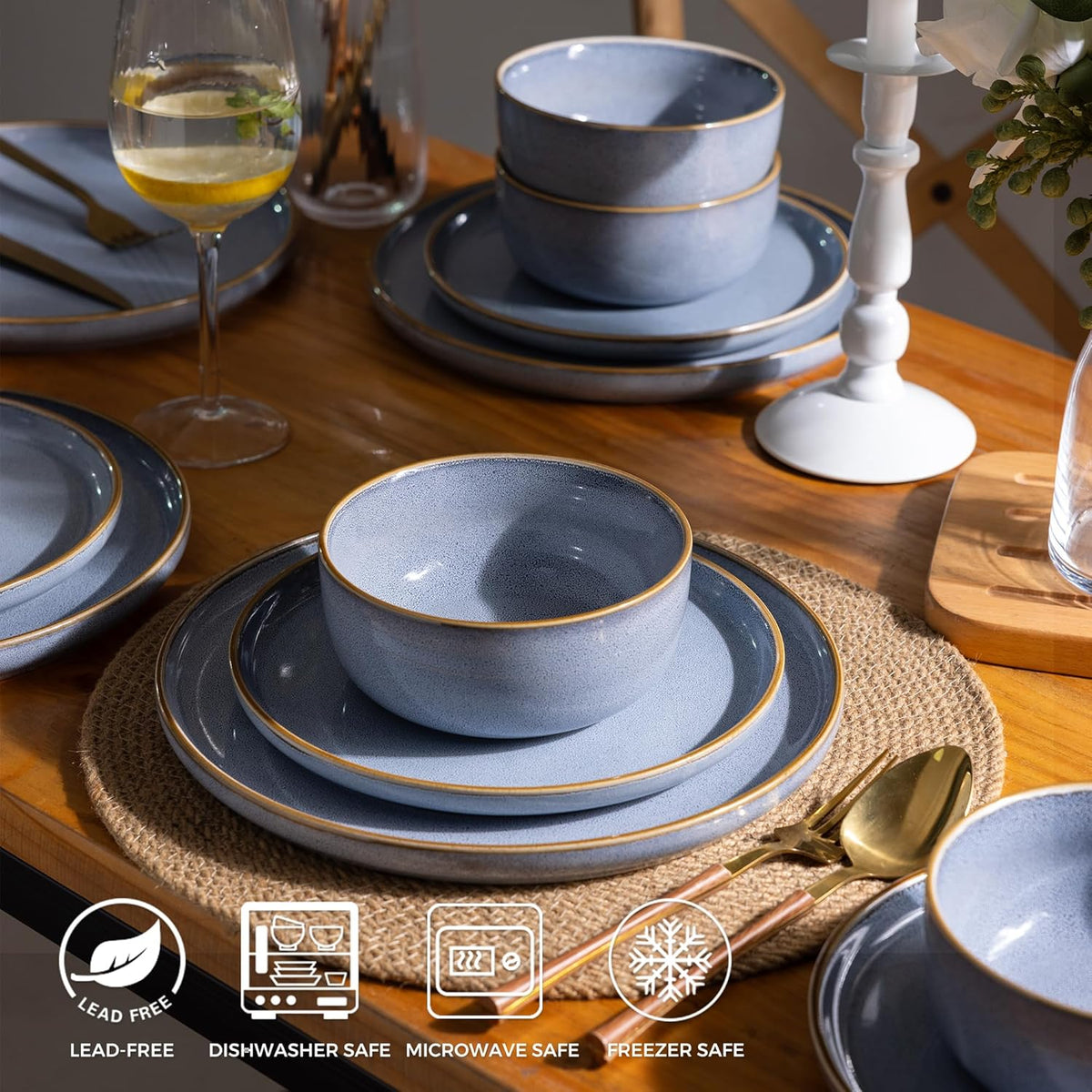 GBHOME Ceramic Dinnerware Sets for 6, 18 Pieces Stoneware Plates and Bowls Sets, Scratch Resistant