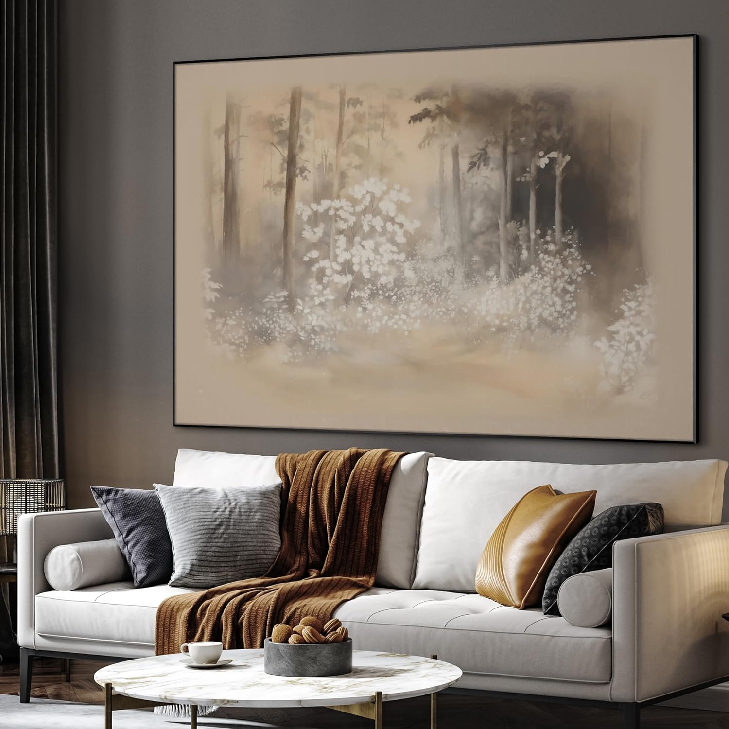SIGNWIN 46"x60" Extra Large Framed Wall Art Misty Forest in Sepia Tones, Watercolor Woodland