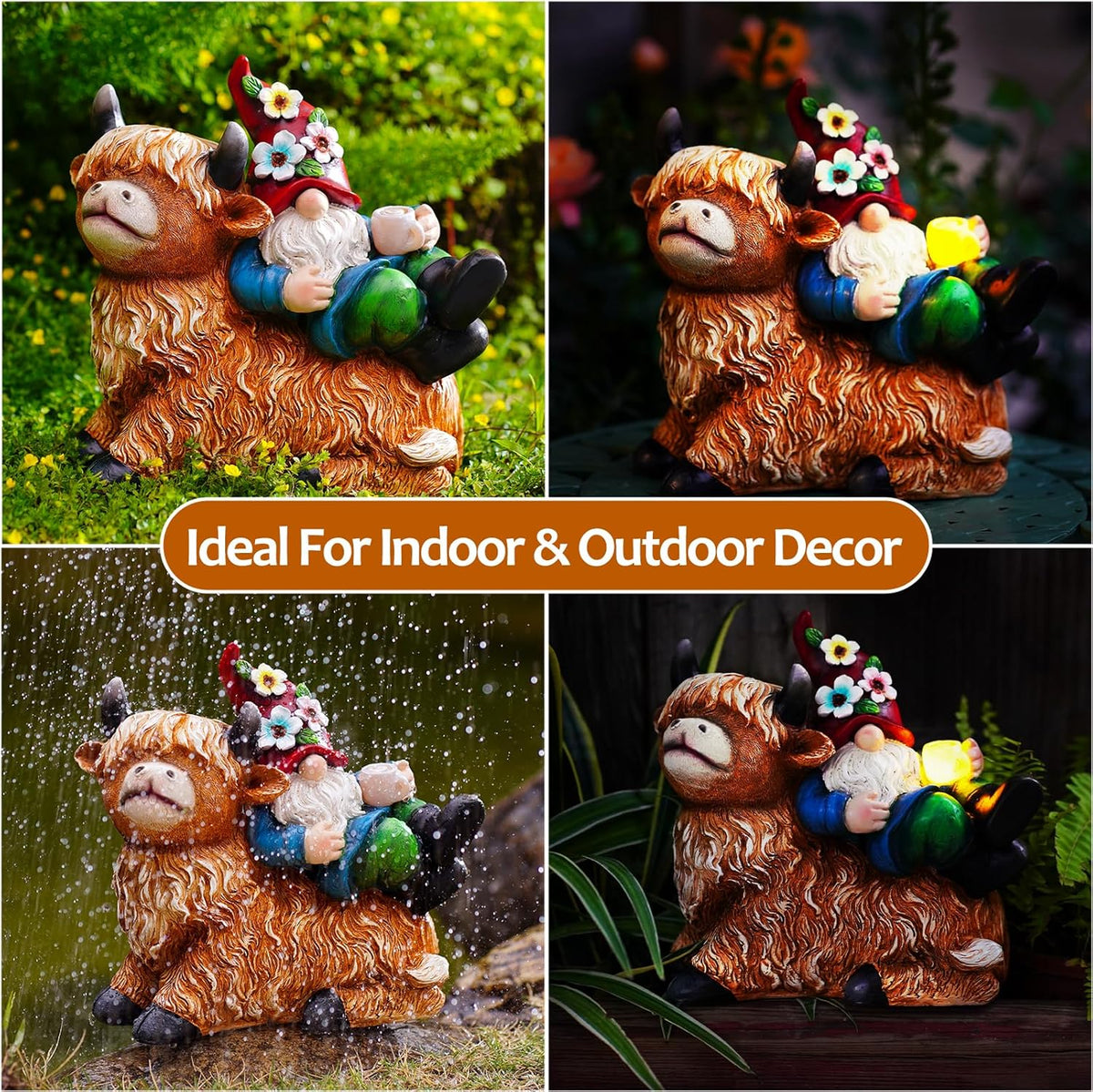 Garden Gnomes Decor Outdoor Statues Gnome on Highland Cow Hold Solar Cup Light Outdoor Decorations