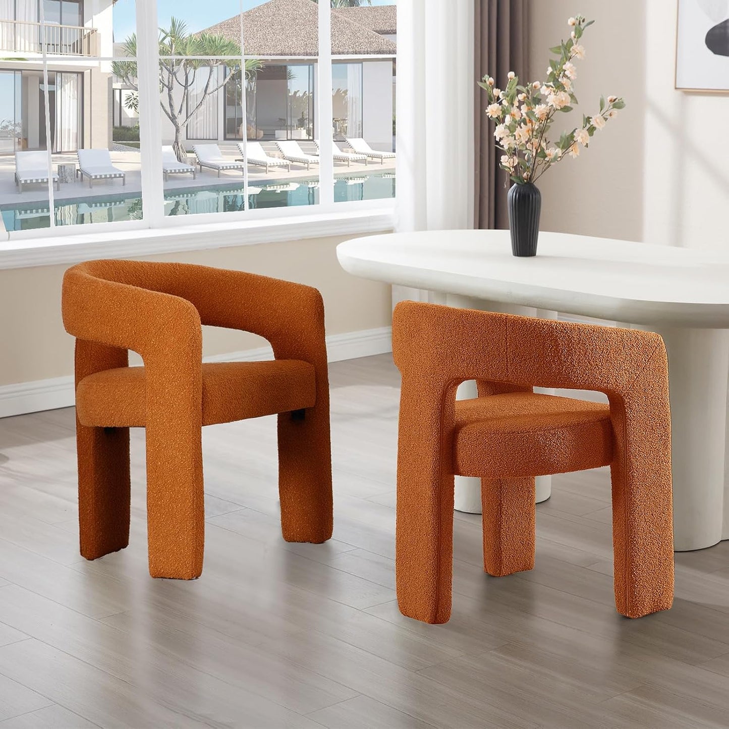 Orange Sherpa Dining Chairs Set of 2, Modern Barrel Dining Room Chairs Upholstered Faux Fur Accent