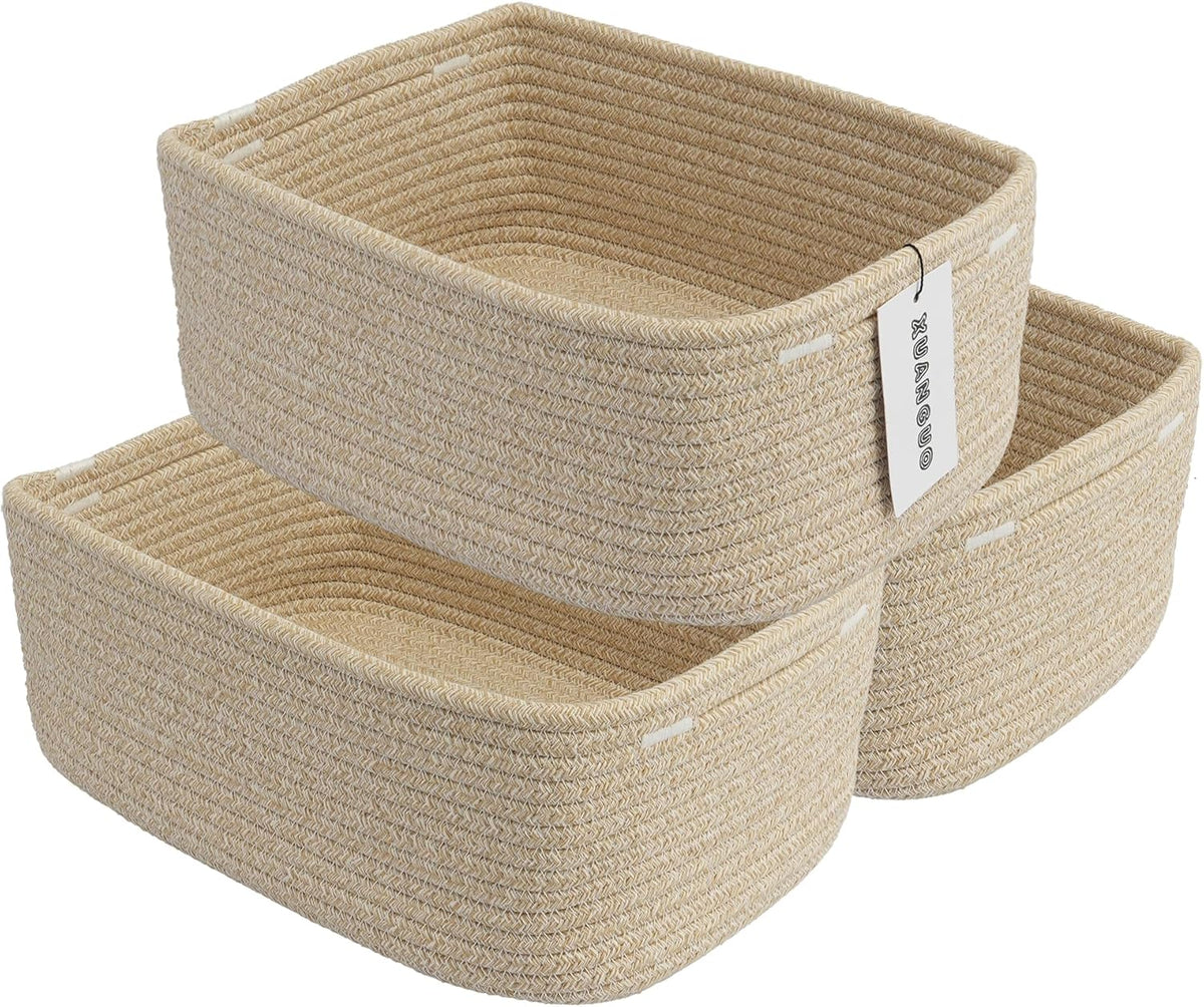 Small Woven Storage Baskets 13“X9”X5“ Decorative Rope Bins for Organizing Shelves, Closets, and