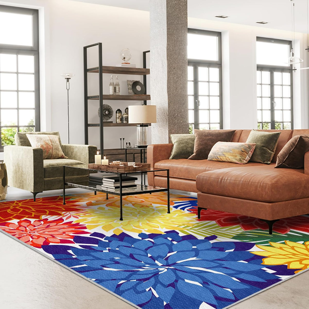 Indoor Outdoor Area Rug 8x10 Patio Washable Multicolored Patio Rug Tropical Botanical Modern Floral