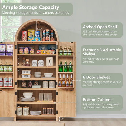 71" Tall Arched Bathroom Storage Cabinet, Modern Fluted Storage Cabinet w/Doors, 3 Adjustable
