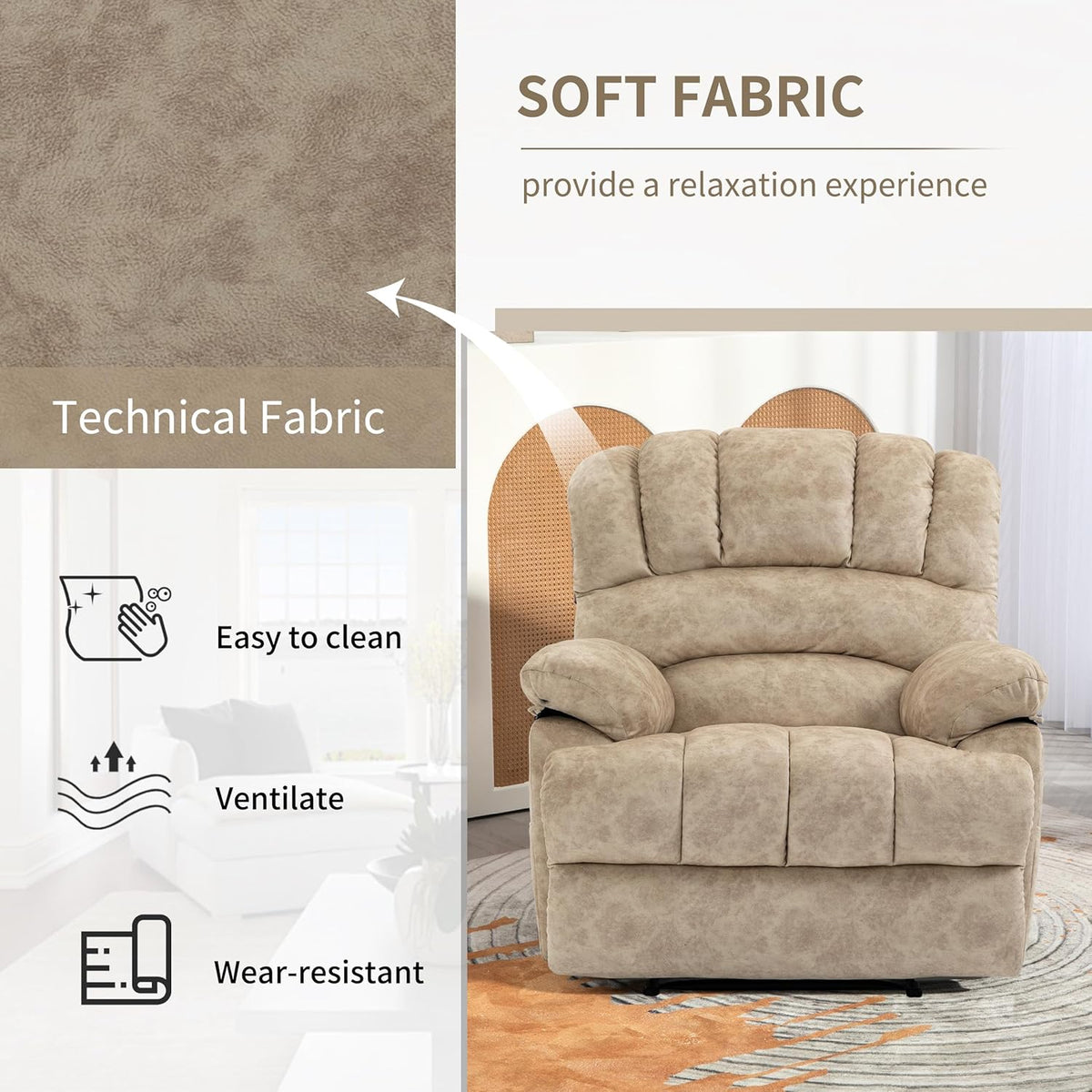 Luxlen Large Manual Recliner Chair,Soft Fabric Push Back Recliner with Overstuffed Armrest and