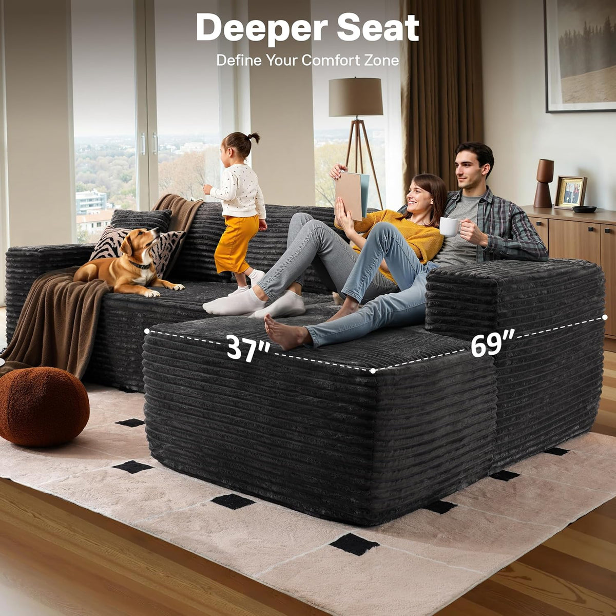 106" Cloud Sectional Couches for Living Room,Plush Corduroy Boneless Couch with Comfy Chaise,L