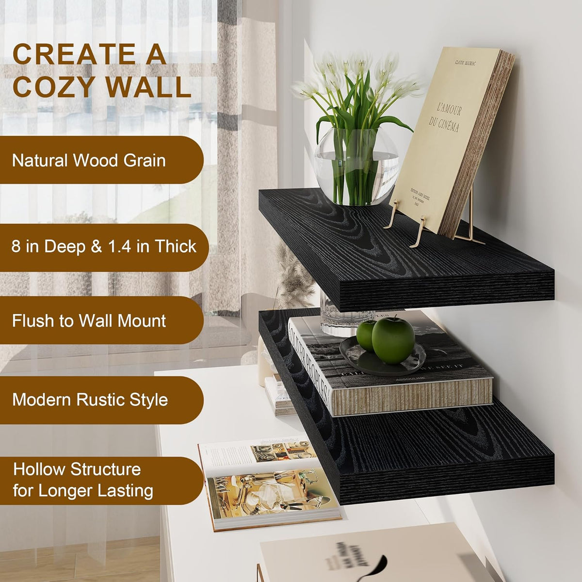 Fun Memories Rustic Black Floating Shelves 24 Inch Long, 8 Inch Deep Floating Shelf, 24 x 8 Wall