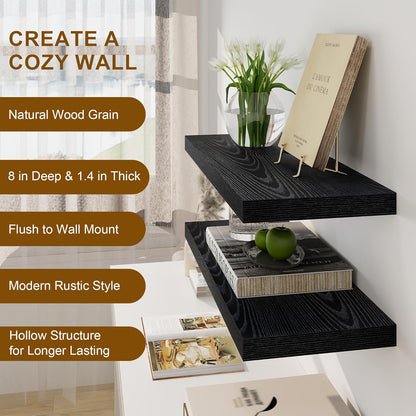 Fun Memories Rustic Black Floating Shelves 24 Inch Long, 8 Inch Deep Floating Shelf, 24 x 8 Wall