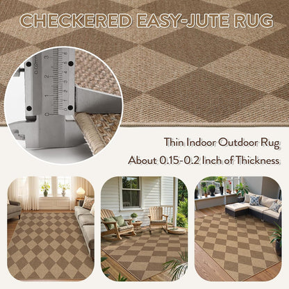 Lahome Checkered Easy Jute Indoor Outdoor Rug, 5x7 Area Rugs for Living Room Nature Large Dining