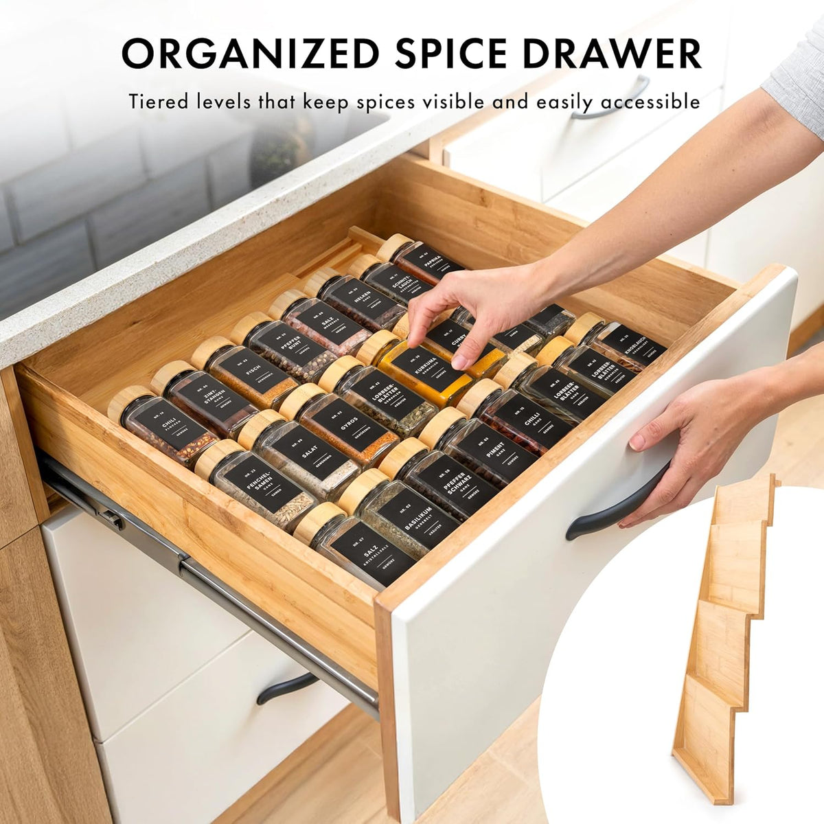 Bamboo Spice Drawer Organizer - Expandable 4 Tier Spice Rack (Need 3" Deep Drawer) 12" to 24" Wide