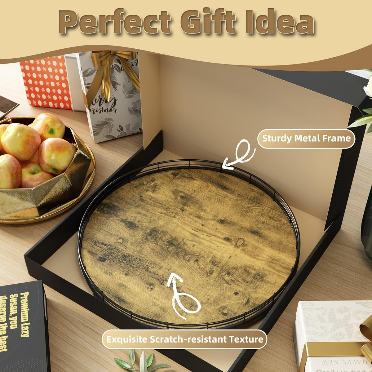 Lazy Susan Turntable Organizer for Table Top, 16’’ Round Wooden Lazy Susan for Cabinet Kitchen