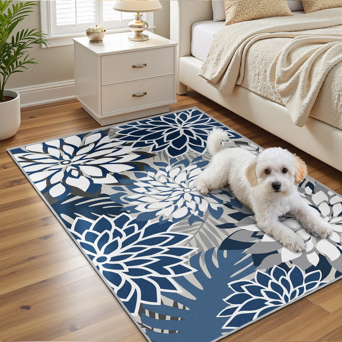 Area Rug 3x5 Blue White Washable Entry Rug Multicolored Tropical Botanical Modern Floral Indoor