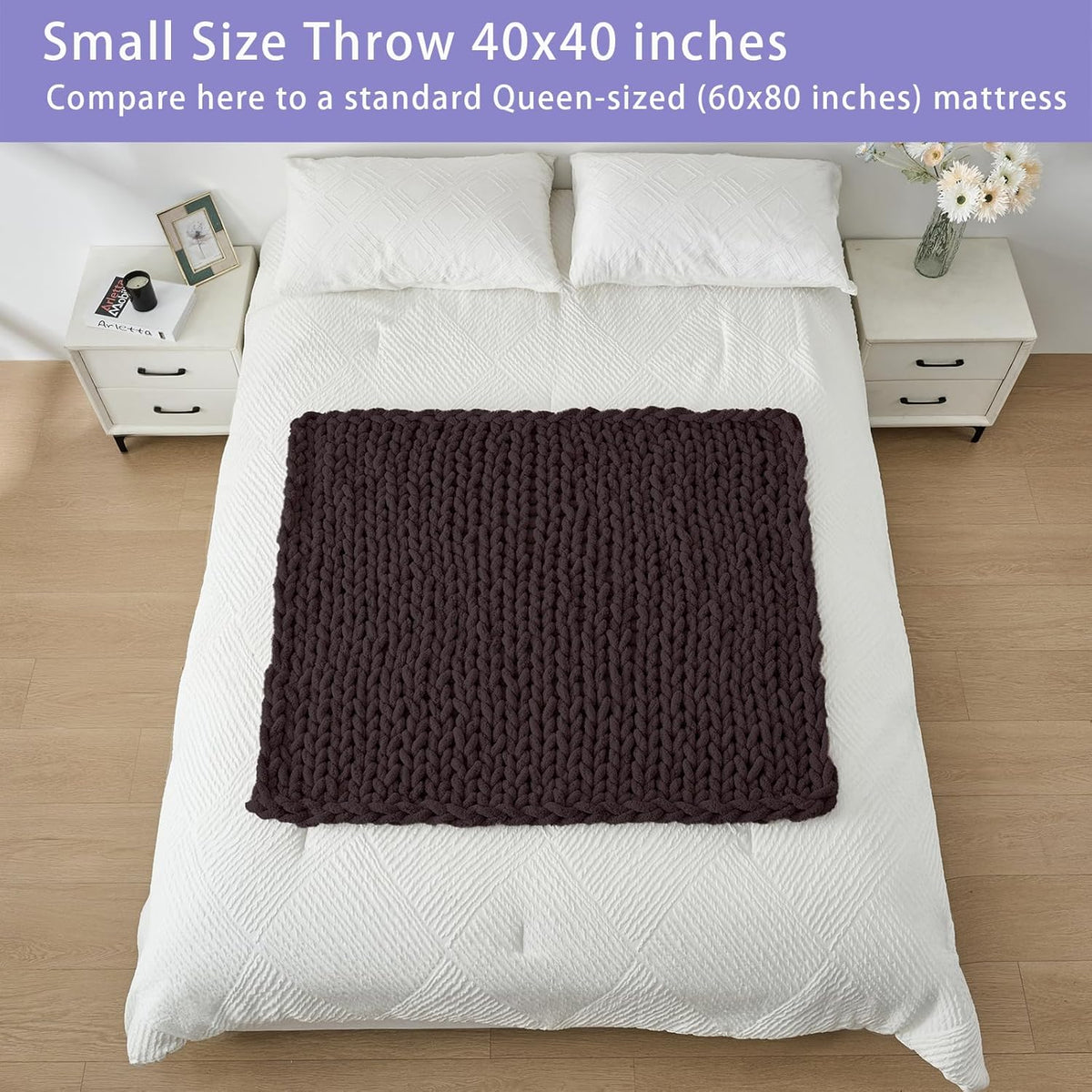 Bigacogo Chunky Knit Throw Blanket for Couch, 40x40 inches, 100% Hand Knitted with Thick Jumbo