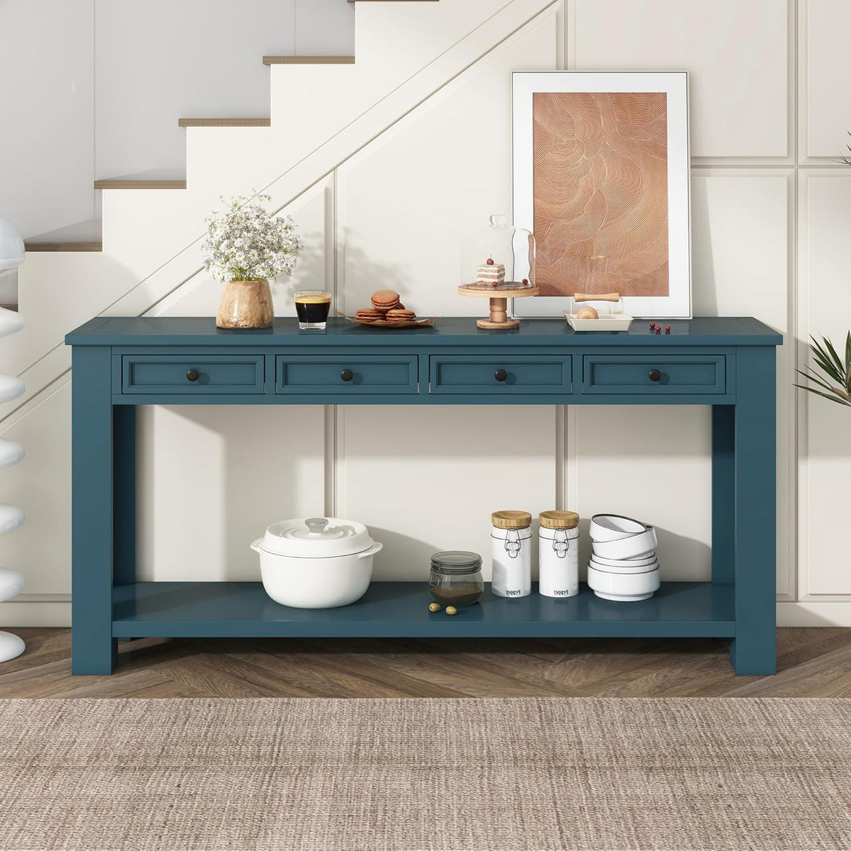 Solid Wood Console Table,63 in Long Sofa Table Entryway Table with 4 Drawers and Bottom Shelf for