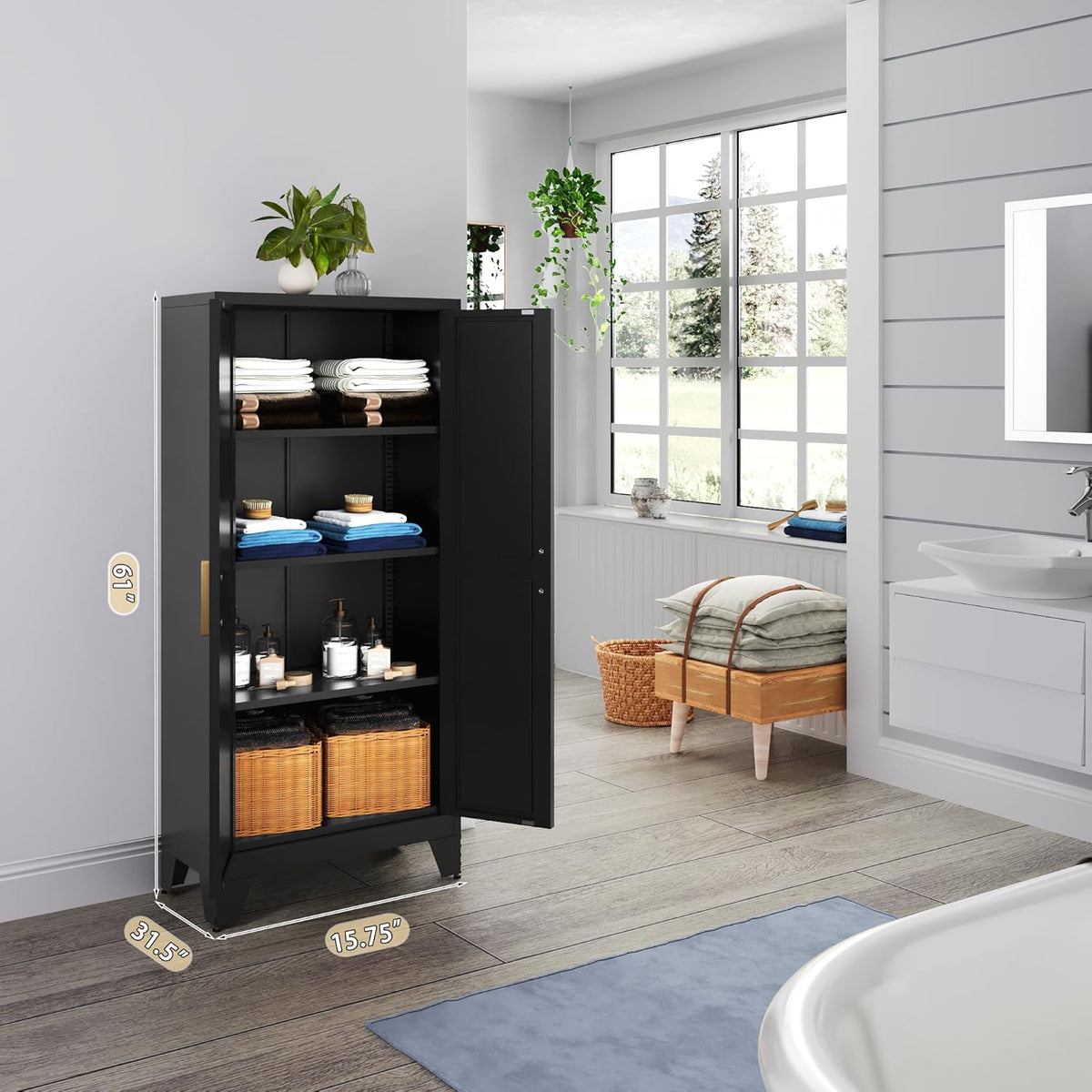 61" Tall Farmhouse Metal Pantry Cabinet, Kitchen Pantry Storage Cabinets with 2 Barn Door and