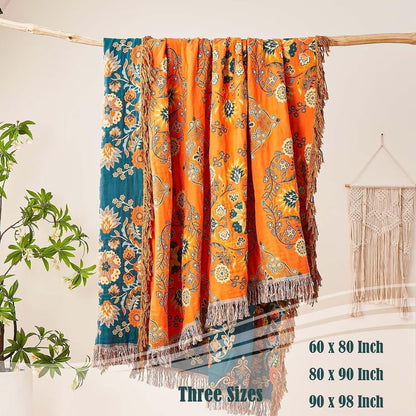 Boho Throw Blanket, 100% Cotton Ultra Soft Luxury Throw Rustic Quilt, 90"x98" Floral Printed
