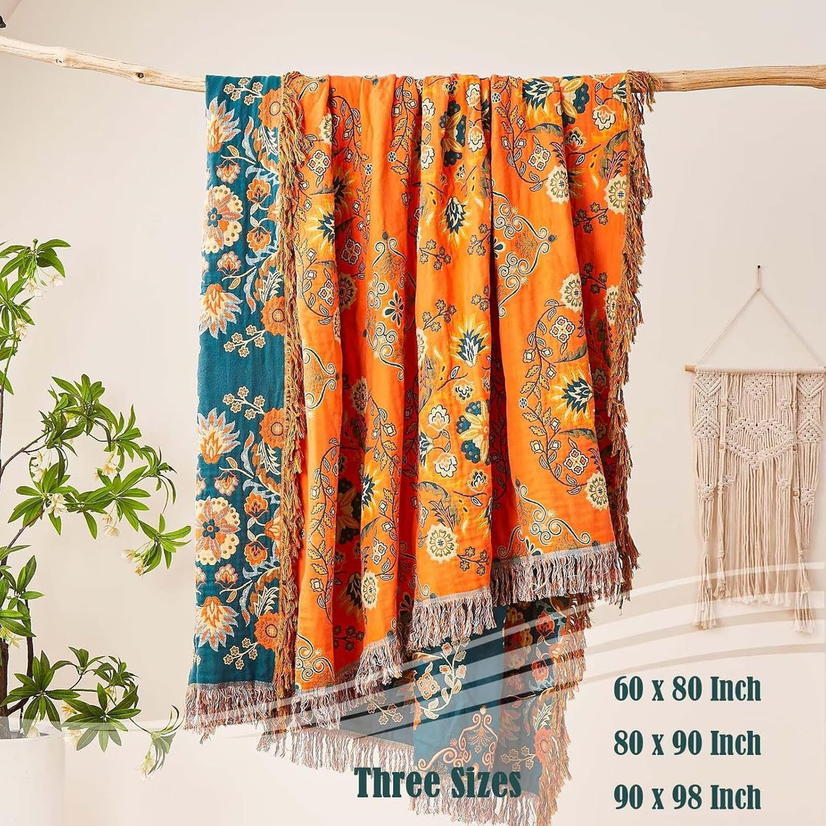 Boho Throw Blanket, 100% Cotton Ultra Soft Luxury Throw Rustic Quilt, 80"x90" Floral Printed