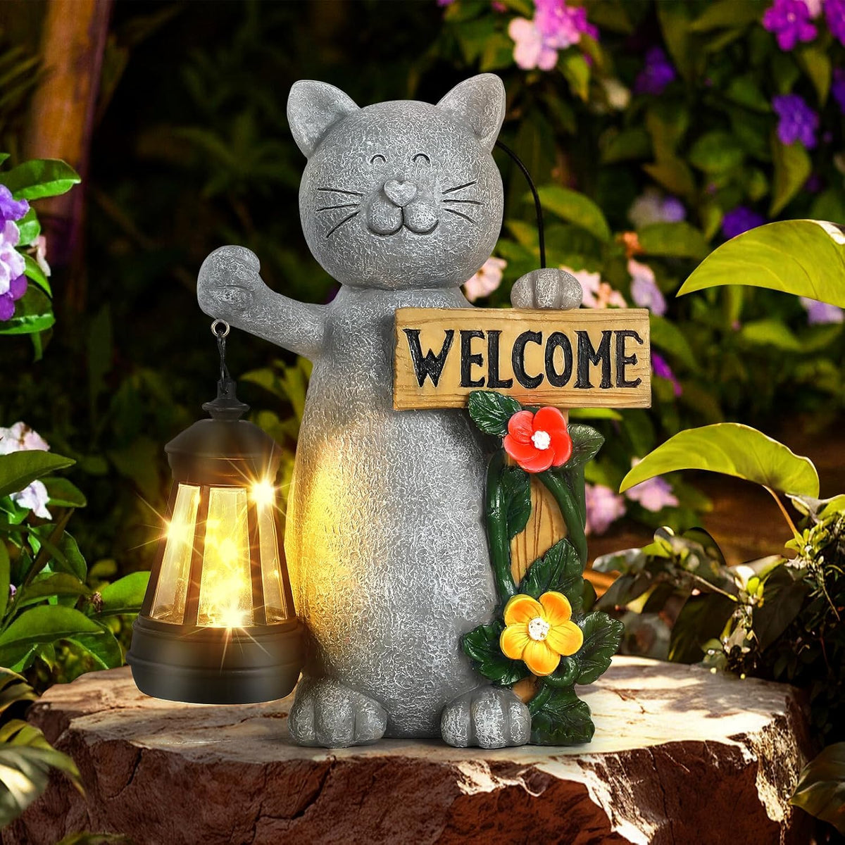 Json Garden Statue Solar Cat Figurine with Lantern, Solar Garden Decorations Statues for Patio
