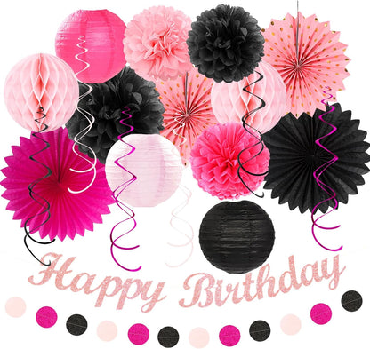 Hot-Pink Black Girls-Women Birthday Party-Decorations - 21pcs Baby Happy Banner, Paper Streamers