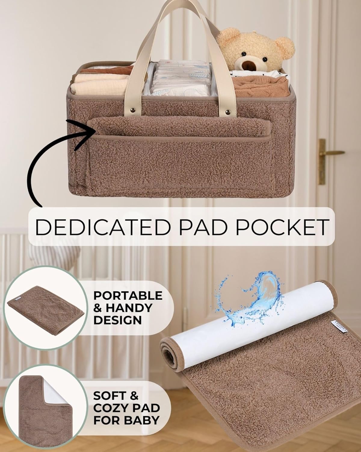 Baby Diaper Caddy Organizer with Portable Changing Mat - Teddy Fleece Diaper Organizer for Changing