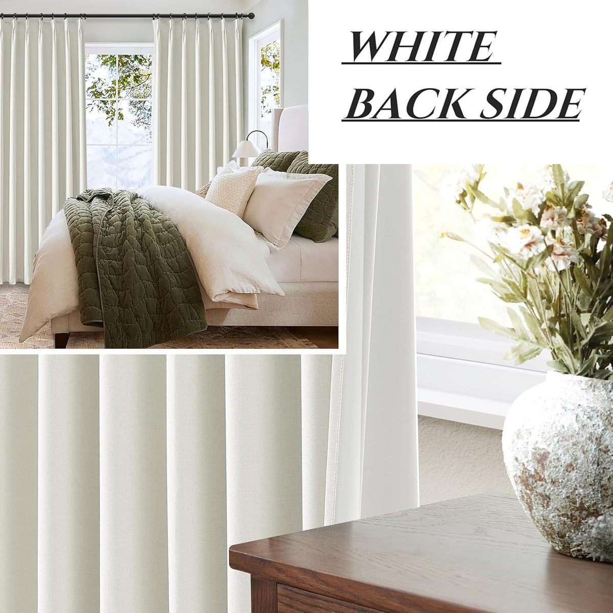 White Ivory Linen Curtains 90 Inches Long Pinch Pleated 100% Blackout Window Curtains for Bedroom