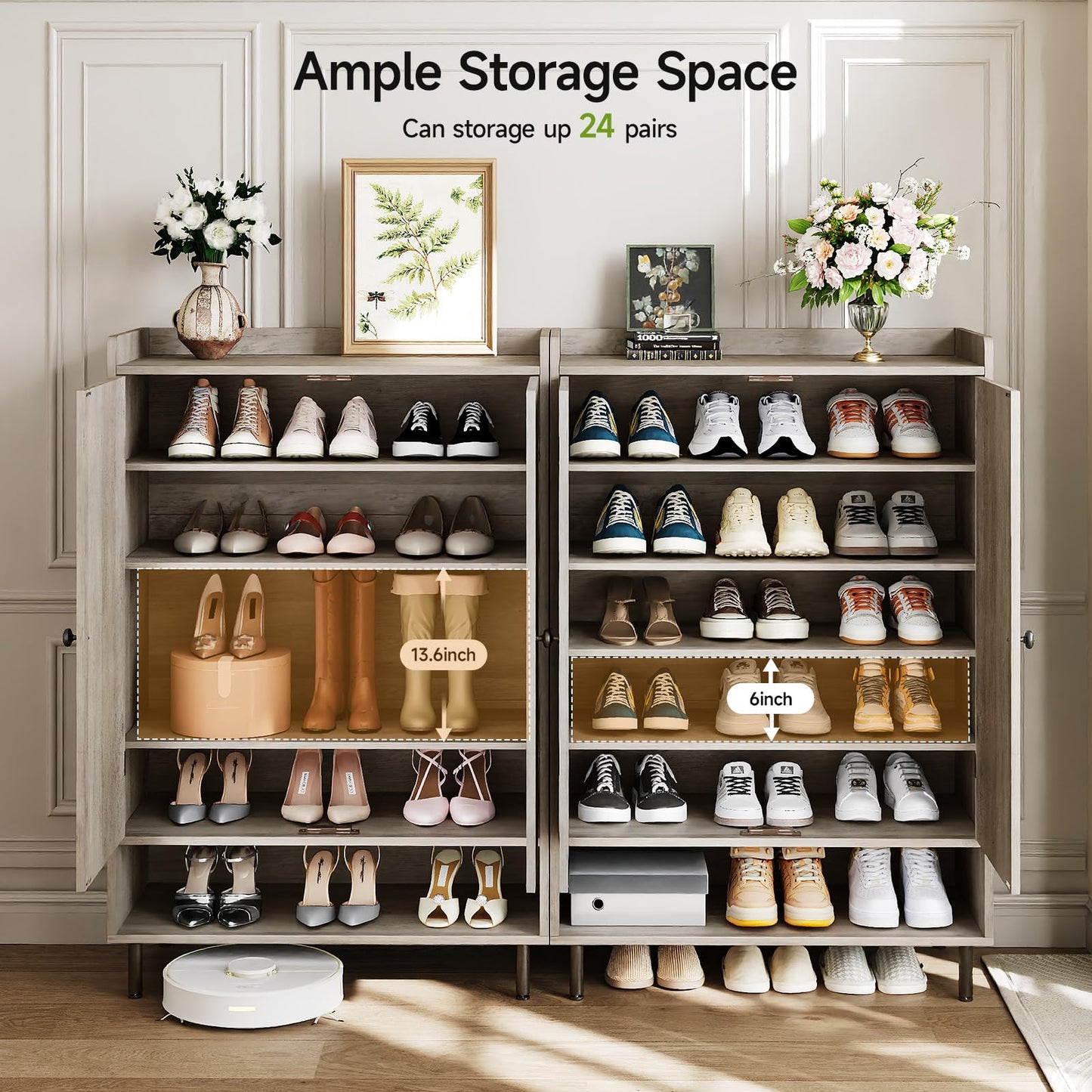 ComfyCorner Shoe Cabinet with Cross Molding Doors, 6-Tier Storage, Grey