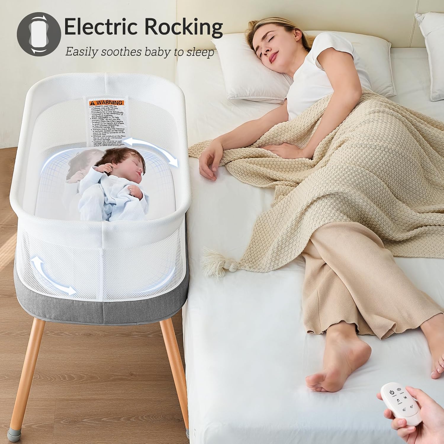 Electric Bassinet for Baby 3 Rocking Speeds, Auto Bedside Sleeper with 8 Soothing Music, Rocking