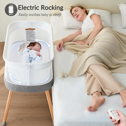 Electric Bassinet for Baby 3 Rocking Speeds, Auto Bedside Sleeper with 8 Soothing Music, Rocking
