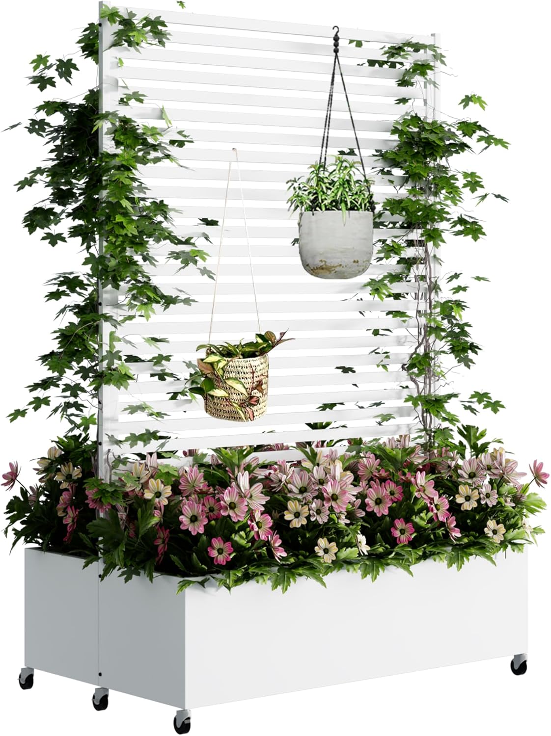 Double Metal Planter Box with Trellis Privacy Screen, Raised Garden Bed with Trellis & Wheels