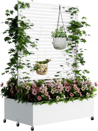 Double Metal Planter Box with Trellis Privacy Screen, Raised Garden Bed with Trellis & Wheels