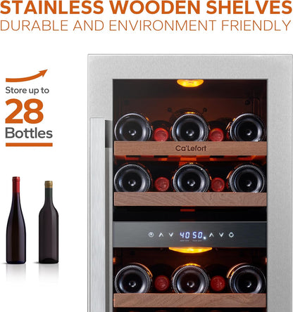 Ca'Lefort 15 Inch Wine Fridge, 28 Bottle Wine Cooler Refrigerator, 40-65°F Wine Refrigerator Glass