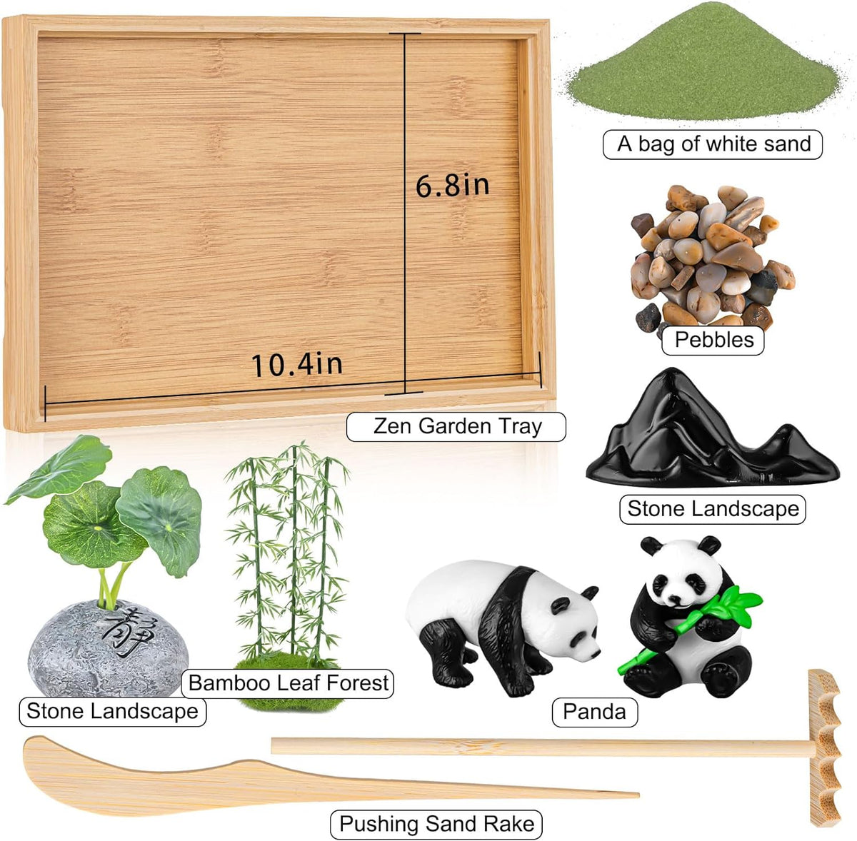 Zen Garden Kit for Desk 11''x7.5'' Room Decor with Green Sand, Panda Decorative Ornaments