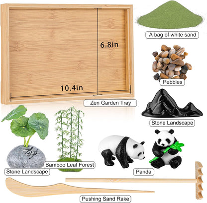 Zen Garden Kit for Desk 11''x7.5'' Room Decor with Green Sand, Panda Decorative Ornaments