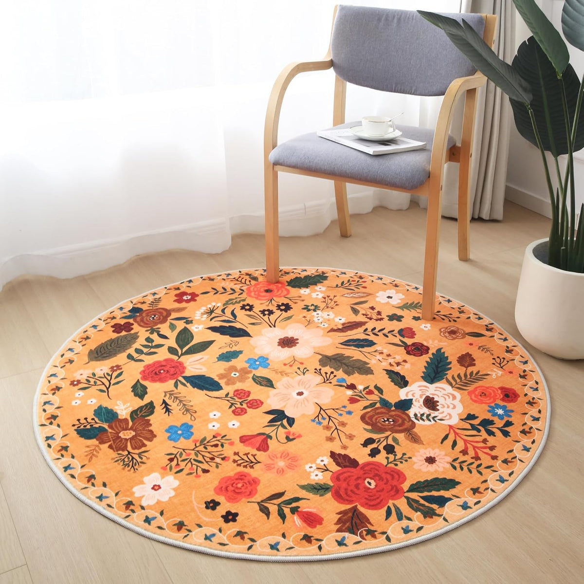 Round Rug 4ft Washable Circle Rug Non Slip Low Pile Boho Floral Small Circular Rug for Bedroom