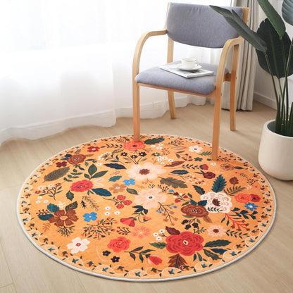 Round Rug 4ft Washable Circle Rug Non Slip Low Pile Boho Floral Small Circular Rug for Bedroom