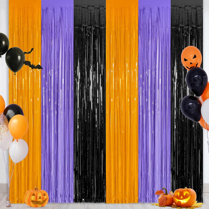 2 Pack Halloween Backdrop, 3.28 FT x 7.05 FT Foil Fringe Curtains, Orange Purple Black Party