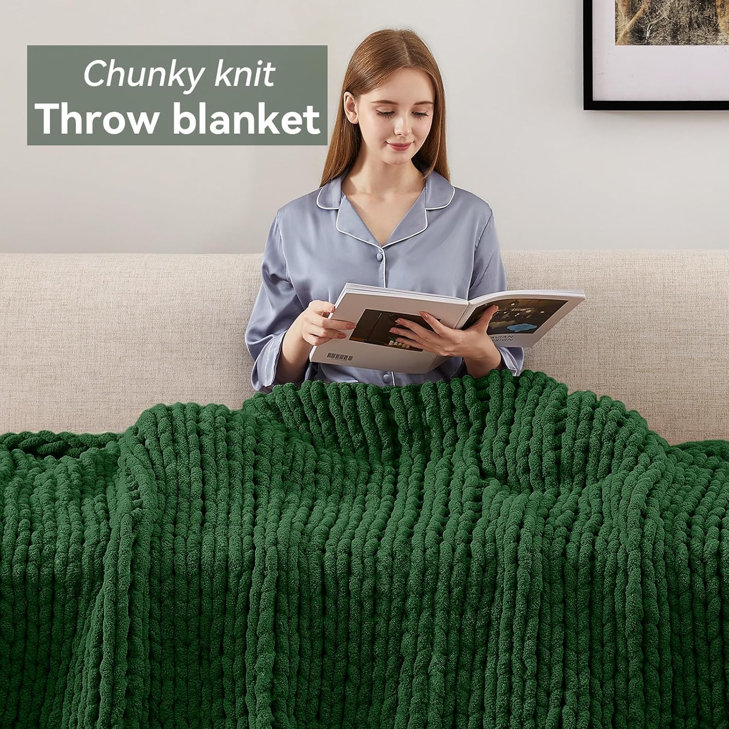 Chunky Knit Throw Blanket, 30''*40'' Knitted Throw Chenille Yarn for Bed Couch, Handmade Grass