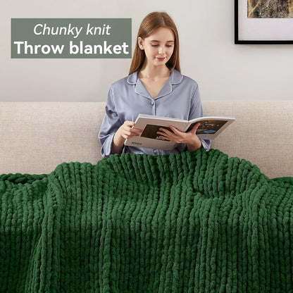 Chunky Knit Throw Blanket, 30''*40'' Knitted Throw Chenille Yarn for Bed Couch, Handmade Grass