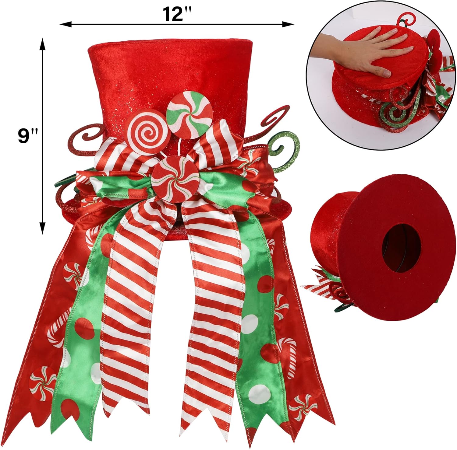 yofit Christmas Tree Topper Hat, Large Red Hat with Striped Bow Ribbon & Lollipop, Christmas Tree