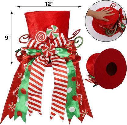 yofit Christmas Tree Topper Hat, Large Red Hat with Striped Bow Ribbon & Lollipop, Christmas Tree